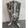 MStacchi Dames Hoge Laarzen Goud Zilver Puntige Teen Kniehoogte voor Vrouw Sexy Hakken Party Schoenen Dames Stiletto 210910