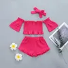 Summer girls cotton clothing sets solid color one line shoulder with breast pleated jacket and shorts set