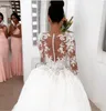 Brudklänningar spets Retro Bröllopsklänningar med avtagbar Tulle Jewel Neck Sheer Långärmad Pearls Broderi Elegant 2022 Robe de Marie Vestidos de Noiva