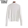 TRAF Women Fashion Soft Touch Cropped Knitted Sweater Vintage High Neck Long Sleeve Female Pullovers Chic Tops 210415