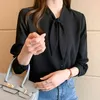 Femmes coréennes Chemises Blouses en mousseline de soie Blouses à manches longues Femme Blouse en dentelle blanche Top Plus Taille Bow Tie Chemise XXL 210427