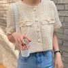 Korejpaa Frauen Jacken Sommer Korea Chic Damen Französisch Retro Rundhals Rohe Kanten Design Lose Taschen Tweed Kurze Jacke 211025