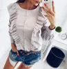 Blusas elegantes de manga larga con volantes y cuello redondo para mujer, blusa con botones a rayas azules, camisas informales para trabajo de oficina, blusas para mujer