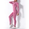 Kvinnors Mode Sportkläder Set High Neck Striped Seamllong Sleeve Fitnsports Slim Yoga Wear High Waist Elastic Leggings x0629