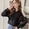 Vrouwen Spring Summer Style Chiffon Blouses Shirts Lady Casual Beading Off Shoulder Long Sleeve Chiffon Blusas Tops DF3806 210401