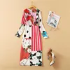 春のエレガントな女性の花柄滑走路のドレス長袖の服の色ブロックMidi Office Pencil Robe Femme Party Vestidos 210601