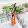 Autumn Women Long Sleeve V-Neck Cross Ruffles Fishtail Maxi Dress Bohemian Flower Print Spring Vestidos 210510