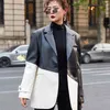 Coréen Hit Couleur PU Veste en cuir pour femmes crantée à manches longues Patchwork Casual Blazers Femme Mode Automne 210524