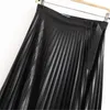 Black Faux Leather Pleated Skirt Streetwear Asymmetrical Midi Shirt With Belt Autumn Winter Vintage Elegant Office 210515