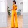 Adyce Summer Orange Two Pieces Sets Sexy Spaghetti Strap Short Sleeve Top Long Pants Women Fashion Club Party Sets 210331