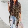 Casual decote em v moda mulheres blusas Leopard Imprimir Tops Womens Irregulares e Blusas Meia Manga Chiffon Vintage Senhoras Tops 210721