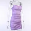 Fashion Party Dresses for Women Sling Sleeveless Purple Black Mini Dress Ruched Bodycon Clubwear Slim Skinny Dresess Mujer 210712