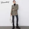 Yitimuceng Womens Blazer with Belt Houndstooth Office Lady Jacket Fall Winter Retro Double Breasted Spring Sashes Fashion 210601