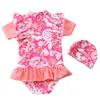 Bebek Kız Mayo Pembe Çiçek Tek Parça Çocuk Kız Mayo Güneş Kremi For1-6 Yıl Çocuk Yüzme Suit Beachwear Fırfır 210417