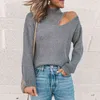 Sexy Off Shoulder Gray Sweaters Dames Mode Turtleneck Lange Mouw Holle Pullover Lente Herfst Slanke Breien Tops Vrouw 210522