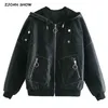 Safari Femmes Spliced Hooded Faux Leather PU Jacket Double Pockets Loose Zipper Casual Coat 210429