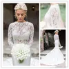 2022 Lace Long Sleeve Beach Wedding Gowns ivory Vintage Mermaid Court Train Bateau Bridal Dresses