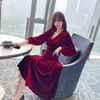 High End Women Jurken Herfst Vintage Lange Mouw V-hals Office Dames Runway Party Red A Line Fluwelen Jurk Vestidos Casual