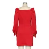 Sexig kvinna elegant klänning mode svart röd fest smal passform es kvadrat krage långärmad bodycon mini vestidos 210428