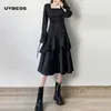 Women's Gothic Goth Dress Punk Harajuku Long Sleeve Ruffle Black Bodycon Midi Dress Square Collar Streetwear Patchwork 210712