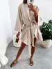 Casual Dresses Summer Women Evening Sexy Loose Occasion Wrap Party Dress 2022 Fashion Ladies Sashes V Neck Solid Color Mini Vestidos