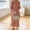 Neploe Vintage Turn Down Collar Dress Kobiety Lato Robe Plisowane Luźne Trzypwarty Rękaw Rękaw Rękawów Elegancka Vestidos 210422