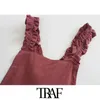 TRAF Women Fashion With Ruffled Straps Midi Pinafore Skirt Vintage Backless Cross Side Buttons Female Skirts Mujer 210415