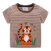 Hoppmätare Djur Applique Boys Tees Tiger Bomull Barnkläder för sommar Barnens T-shirts Stripe Kids Tops 210529