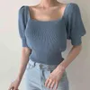 Leite sem encosto de malha camisetas feminino coreano chique quadrado colar de sopro manga mulheres colheita de verão casual slim t-shirt 210514