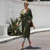 Kvinnors Trench Fashion Army Green Turn Down Collar Long Slim Coat Ol Dam Lång Chic Trench Coats 210524