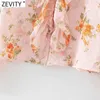 Zevity mujeres dulce plisado volantes cuello en V estampado Floral camisa Casual blusa de gasa femenina Roupas Chic Chemise Tops LS9076 210603