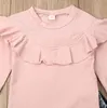 秋の幼児の赤ちゃんの女の子の服を設定しっかりとした色の綿のフリルトップスデニムロングパンツ2個の服装