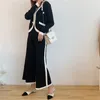 Women V Neck Knitted Single Breasted Cardigan Black Beige Full Length Wide Leg Pants Two Piece Set Elastic T0236 210514