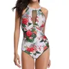 40#Women Flower Leaf Print Bikini Monokini Sexy Swimsuit High Neck Mesh Ruched Patchwork Swimwear Halter Maillot Biquini Women's