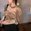 Ezgagaフレンチスタイルの女性のシャツベロアヴィンテージシックな長いパフスリーブスクエアカラーエレガントなシャツルーズファッションブラウスBlusas 210430