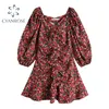 Printemps français robe rétro femmes lanterne manches imprimé floral frocs femme volants épissé élégant robe de culture dame 210417