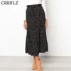 CRRIFLZ Spring Autumn Polka Dot Pleated Skirt Women High Waist Mid Calf Linen Elastic Promotions Lady 210520