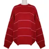 Aelegantmis O Neck Stipe Pullover Oversized Women Soft Warm Knitted Sweater Female Striped Jumper Red Spring Korean Outerwear 210607