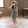 Teenage Clothes Solid Shirt Dress + Mesh Skirt 2PCS Suit For Girls Sleeveless Kids Girl Casual Summer 210528