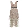 High-end Self Portrait V-neck Spaghetti Strap Cake Mesh Dress Stars Sequined Embroidery Ruffled Long Beach Summer 210525