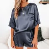 Satin Women 2 Piece Set Homewear Elegant O Neck Pullover Tops And Loose Shorts Home Suit Lady Spring Summer Jams 210831