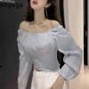 Ezgaga Kapalı Omuz Bluz Gömlek Kadınlar Slash Boyun Bahar Streç Basit Katı Ince Tek Göğüslü Kırpma Korece Seksi 210430 Tops