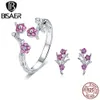BISAER auténtico 925 Sterling flor de cerezo flor pendientes anillos mujeres conjuntos 925 joyería de plata WES096