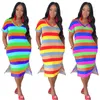 Regenbogenstreifen Druck lose Mode Casy Kleid gemütliche Lounge Tragen Sommerkleider