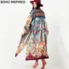 Inspirerad kimono cover ups för badkläder sexiga bikini coverups kimono blommig tryckta långärmade beachwear maxi robe 210412