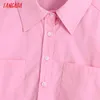 Women Pink Oversized Cotton Crop Shirts Long Sleeve Solid Turn Down Collar Ladies High Street Blouses CE229 210416