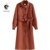 FANSILANEN Long casual 100% wool coat Women bandage lantern sleeve vintage blend jacket Oversized female winter over 210607