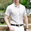 Geometryczne haft Koronki Koszulka Mężczyźni Marka Slim Fit Mens Sukienka Koszule See-Thround Obiad Prom Przezroczysta Koszula 210522