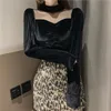 Solide Vintage Frühling Blusen Frauen Sexy Mode Koreanische Blusas Mujer Velour Plissee Ins Shirts Tops 14661 210415