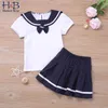 Summer College Style Kids Girl Clothes Suit Short Sleeve T-Shirt+Pleated Skirts 2pcs School Set 210611